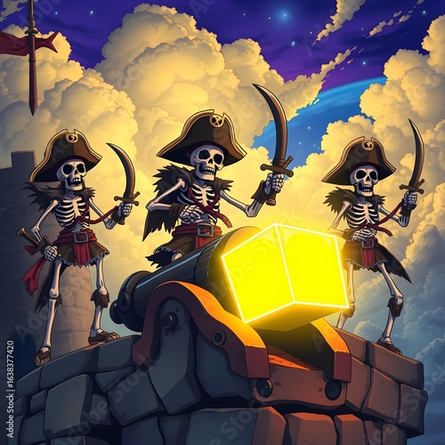 Three cartoon pirates stand on clouds around a glowing treasure chest, with a cannon pointing toward the sky.