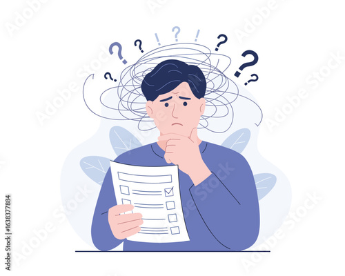 Anxious person thinking hard with question marks, concept of mental confusion and stress