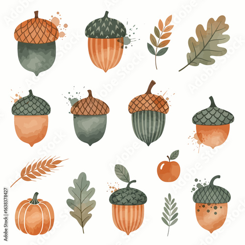 Autumnal collection of acorns, leaves, and other fall-themed elements in a watercolor style.