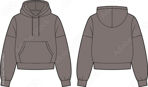 Fashionable unisex cropped hoodie with front kangaroo pocket, comfortable hooded sweatshirt technical sketch, vector flat drawing design for apparel