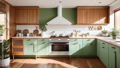 high definition photography very simple minimalistic midcentury modern kitchen interior with wooden wall panelling and retro decor in sage and white