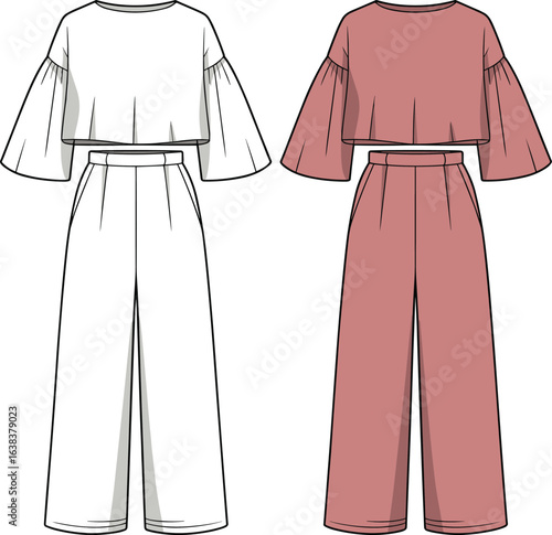 Fashionable women's cropped top with wide-leg pants set, stylish two-piece loungewear technical sketch, vector apparel design in two colors