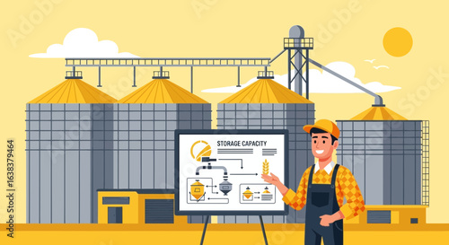 Illustration of a farmer near storage silos explaining capacity diagrams in agriculture