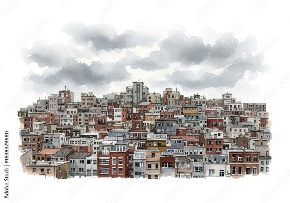 Fototapeta premium Cityscape Under a Cloudy Sky - A dense collection of urban dwellings nestled under a brooding sky, symbolizing community, density, resilience, weather, and urban planning