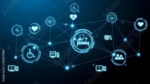 Digital healthcare network Hospital bed, patient data, connected devices, and accessibility icons