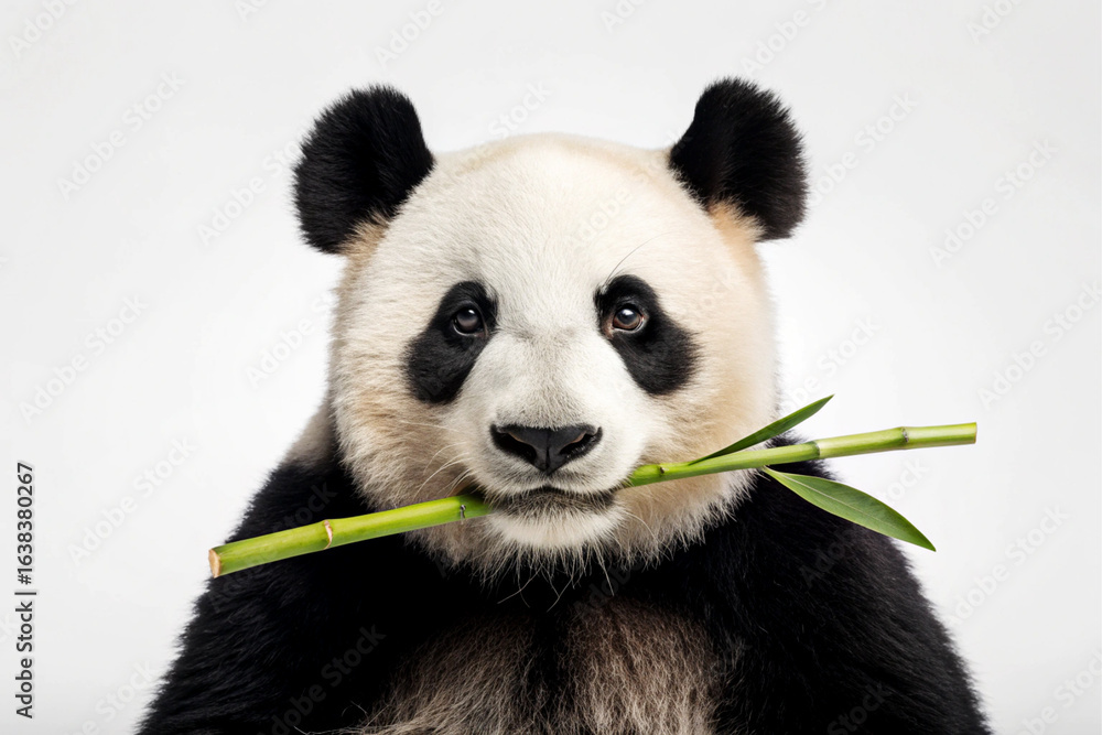 Fototapeta premium Giant Panda Chewing Bamboo Studio Shot White Background