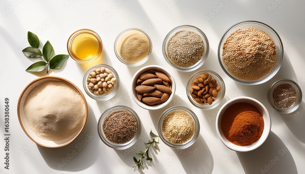 top view of a clean workspace table with assorted natural ingredients in glass bowls and jars bright natural light minimal background commercial use ready top view of a clean workspace table with assorted natural ingredients in glass bowls and jars bright natural light minimal background commercial use ready
