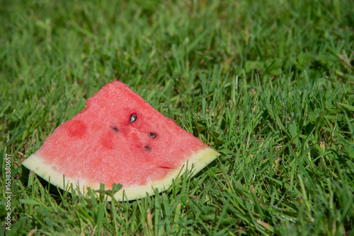 A triangular slice of ripe juicy watermelon on the background of green grass. Healthy fresh natural food for. Healthy lifestyle, diet. Vitamin dessert of summer