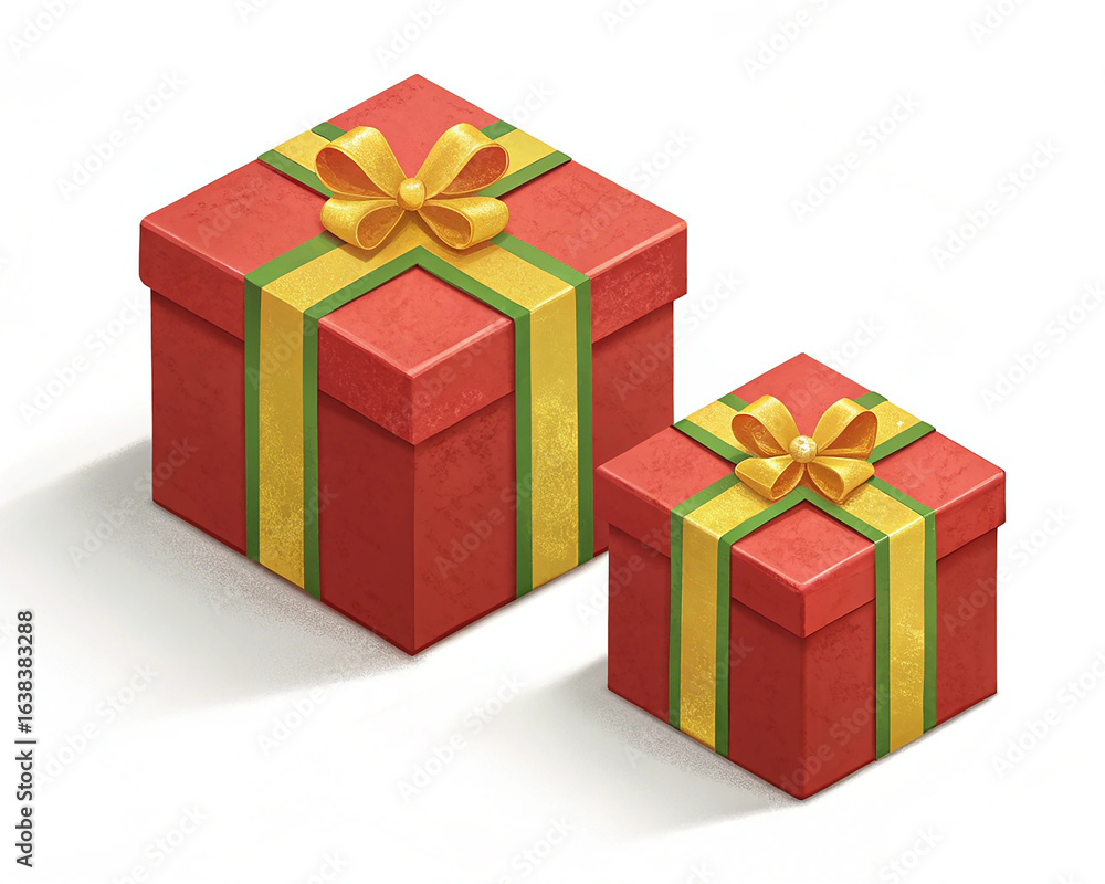 Fototapeta premium Two red gift boxes with yellow ribbon isolated on transparent background