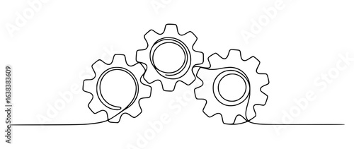 Interlocking gears in continuous line art mechanical engineering