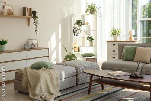 Stylish sofa and other furniture in living room. Interior design