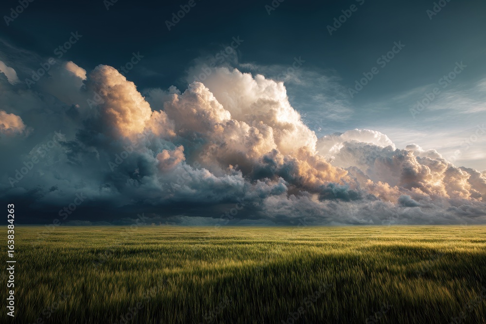 Fototapeta premium Dramatic sunset over green field, storm clouds gathering, nature background, landscape photography