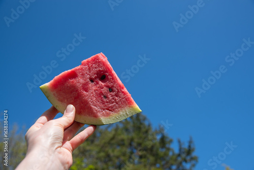 Juice watermelon slice in hand against clear blue sky. Natural fresh sweet snack in summer time