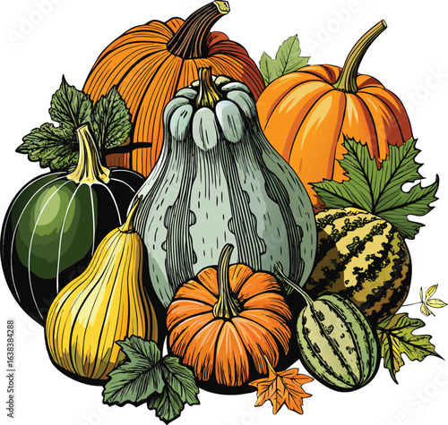 Assortment of colorful gourds and squash with leaves on white background