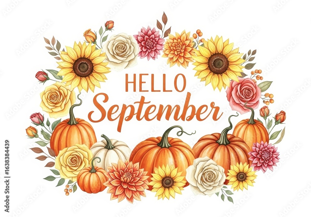Obraz premium Hello September Floral Pumpkin Wreath - Watercolor autumn design featuring pumpkins, sunflowers, roses, and dahlias in a wreath shape with 