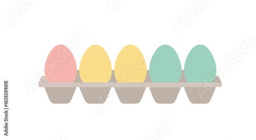 Flat vector illustration of tray of colored Easter eggs in pastel pink, yellow, and mint