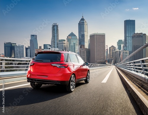 modern red suv driving on bridge with city skyline in background