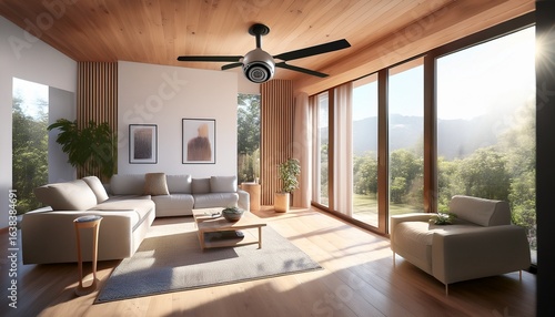 Wallpaper Mural modern ceiling fan in a cozy room controlled by a remote with natural light streaming through the window Torontodigital.ca