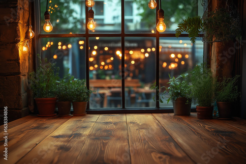 wood grain table with bokeh lights