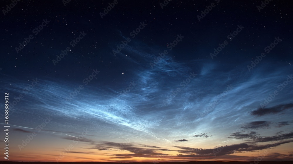 Fototapeta premium Noctilucent clouds light up the twilight sky, landscape background for astronomy