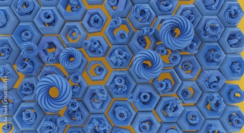 Blue 3D Hexagon Spiral Pattern.