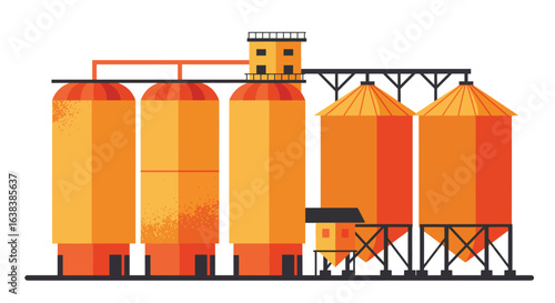 Stylized flat vector illustration of a grain silo facility in vibrant colors