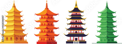 Stylized pagodas in different colors illustrating asian architecture