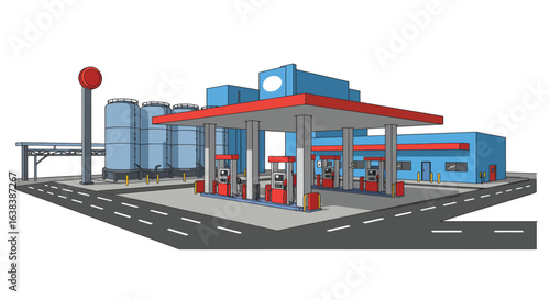 Stylized flat vector illustration of a vibrant gas station for trucks