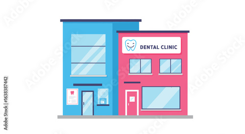 Flat vector illustration of a colorful vibrant dental clinic building design