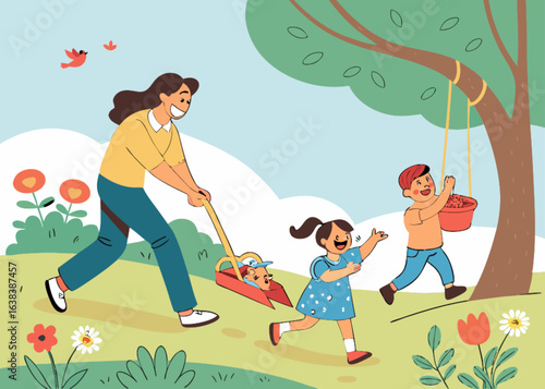 A happy boy playing with a kite in the park on a fun summer day, a beautiful vector illustration for childhood