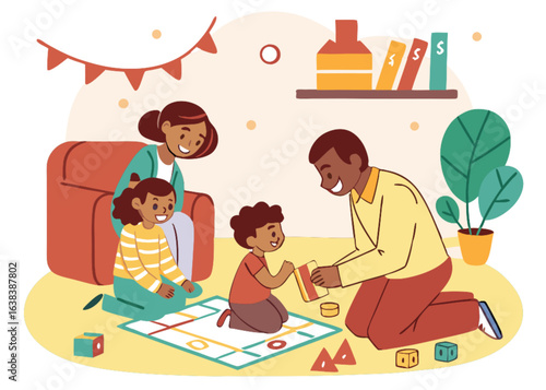 Illustration of children playing with toys, a boy and girl in a school classroom, and a family in a park