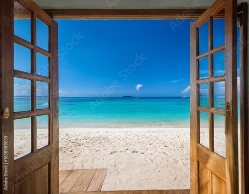 experience the breathtaking beauty of an open doorway leading to a pristine beach scene where turquoise waters meet golden sands under a clear blue sky inviting serenity