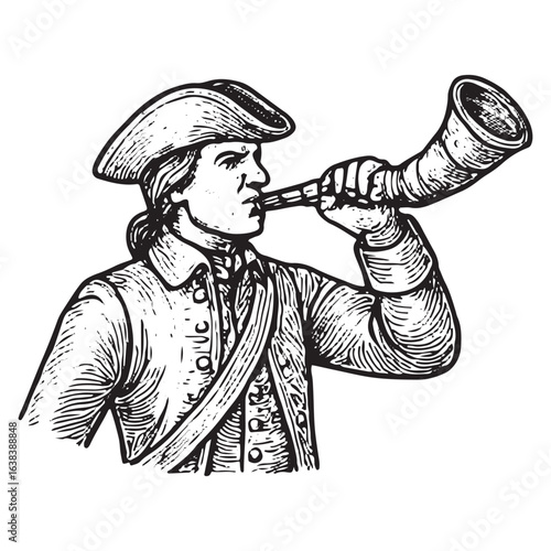 Historical Soldier with Bugle Illustration – Vintage Military Figure Blowing Horn Drawing