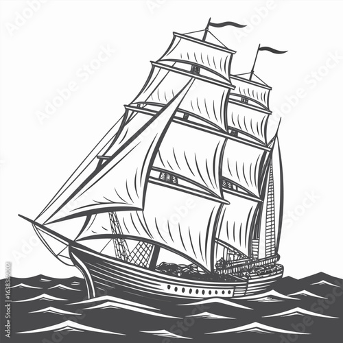 A vintage pirate galleon sails the open sea, its silhouette and mast visible on a white background