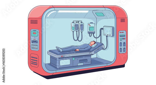 Futuristic cryogenic sleep chamber interior, featuring a patient undergoing treatment