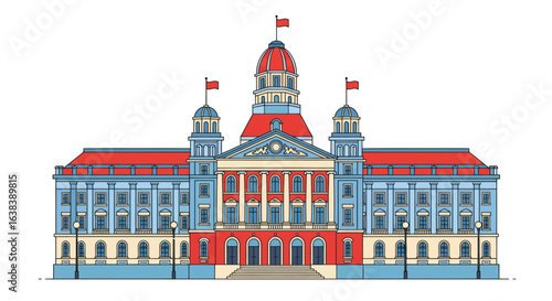 Stylized flat vector illustration of a vibrant city hall building