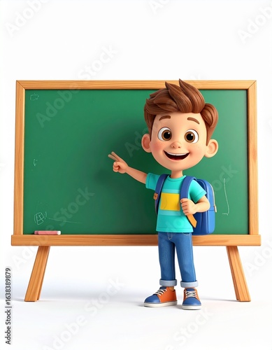 Charming Boy in Uniform Stands by Chalkboard, Presenting Knowledge With a Friendly Happy Smile.
