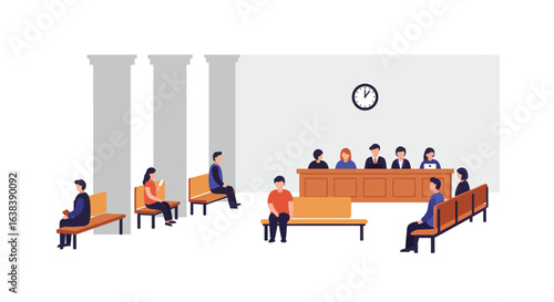 Stylized flat vector illustration of a courthouse waiting area and a panel