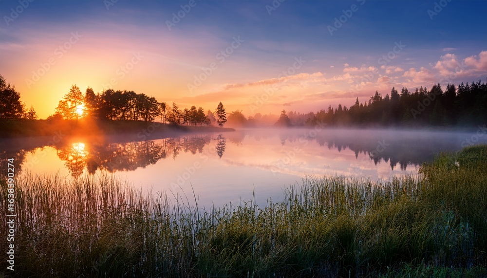 Obraz premium serene dawn landscape misty lake reflecting tranquil nature at sunrise