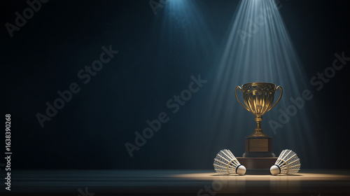 Trophy and shuttlecock arranged on podium with spotlight