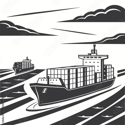 A sleek black silhouette of a cargo ship, a vessel for transportation across the sea and ocean, is isolated with a drawing illustration