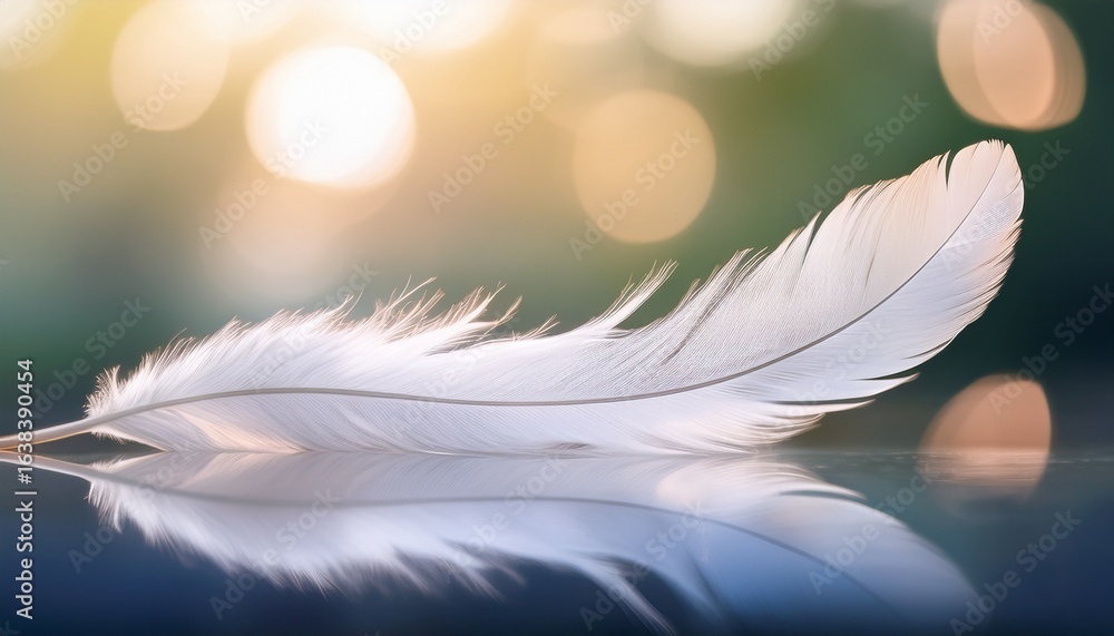 Naklejka premium pristine white feather floating gently against soft blurred background symbolizing purity innocence hope and delicate beauty perfect for tranquil and peaceful designs