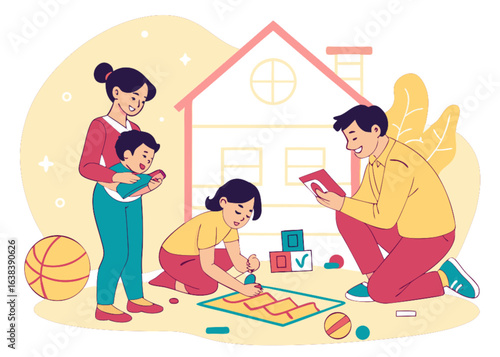 Mother and son playing with a toy in their cozy home, a family illustration of love and fun