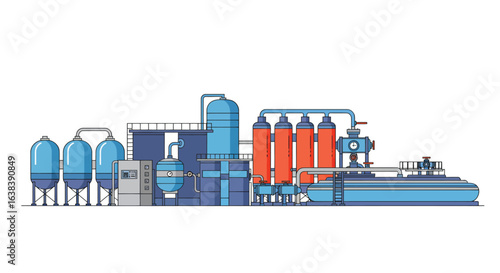 Stylized flat vector illustration of a vibrant city water treatment plant
