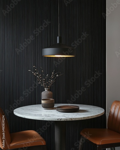 Modern small dining room with black slat wall, warm lighting, round marble table, and brown leather chairs.