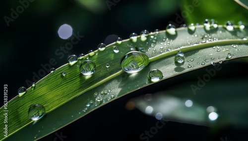 sparkling dew drops cling to lush green leaves creating a mesmerizing display of nature s beauty against a dark contrasting backdrop evoking a sense of tranquility and freshness