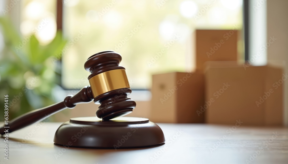 custom made wallpaper toronto digitalWooden gavel rests on sounding block with blurred cardboard boxes in background. Law, justice, auction, business, legal decisions, commerce. Represents authority, sale transactions, mediation,