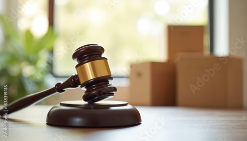 Wallpaper Mural Wooden gavel rests on sounding block with blurred cardboard boxes in background. Law, justice, auction, business, legal decisions, commerce. Represents authority, sale transactions, mediation, Torontodigital.ca