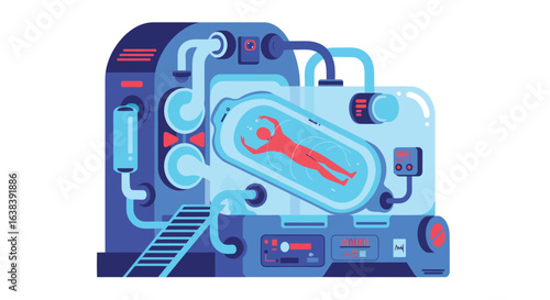 Stylized flat vector illustration of a futuristic cryogenic sleep chamber interior