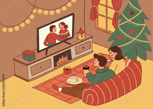 Cartoon vector art illustration of a family of four watching TV on their bed in the bedroom with their dog